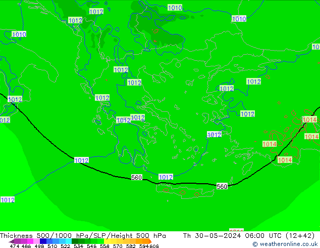 Dikte 500-1000hPa Arpege-eu do 30.05.2024 06 UTC