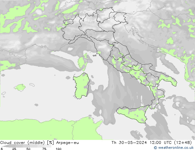 Cloud cover (middle) Arpege-eu Th 30.05.2024 12 UTC