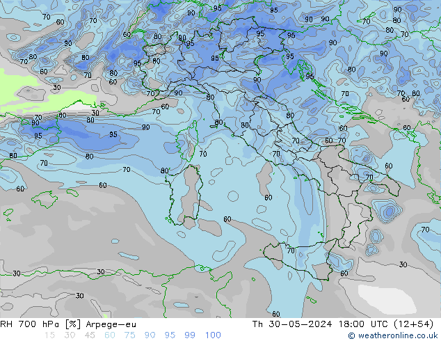 Humedad rel. 700hPa Arpege-eu jue 30.05.2024 18 UTC