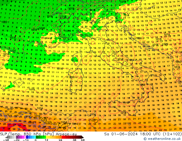 SLP/Temp. 850 hPa Arpege-eu So 01.06.2024 18 UTC