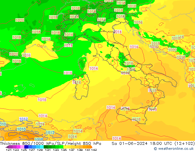 Dikte 850-1000 hPa Arpege-eu za 01.06.2024 18 UTC