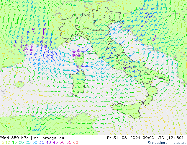 Rüzgar 850 hPa Arpege-eu Cu 31.05.2024 09 UTC