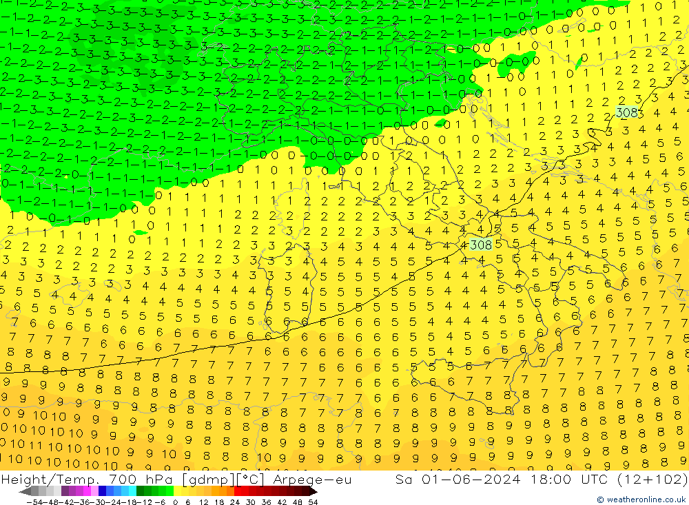 Height/Temp. 700 hPa Arpege-eu  01.06.2024 18 UTC