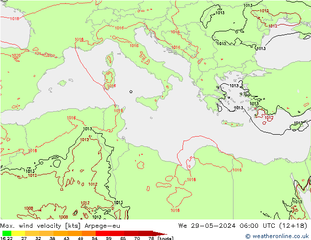 Max. wind velocity Arpege-eu ср 29.05.2024 06 UTC