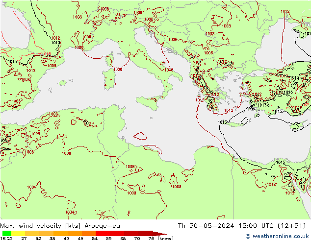 Max. wind velocity Arpege-eu Th 30.05.2024 15 UTC