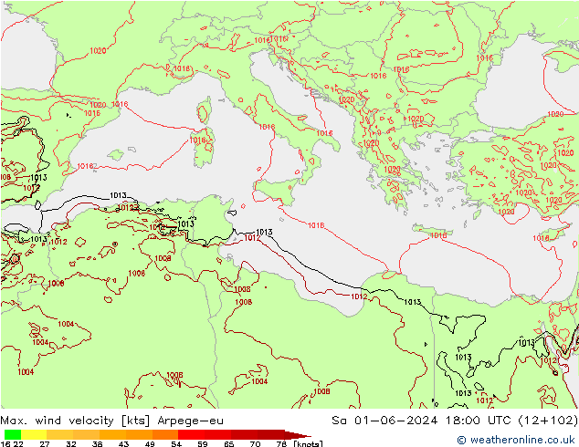 Max. wind velocity Arpege-eu sab 01.06.2024 18 UTC