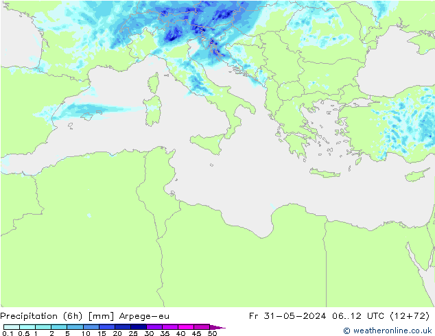 Precipitación (6h) Arpege-eu vie 31.05.2024 12 UTC