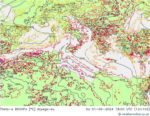 Theta-e 850hPa Arpege-eu za 01.06.2024 18 UTC
