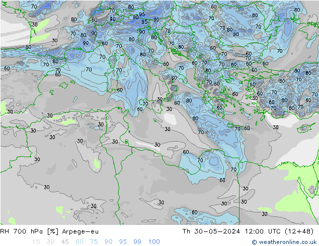 RH 700 hPa Arpege-eu gio 30.05.2024 12 UTC