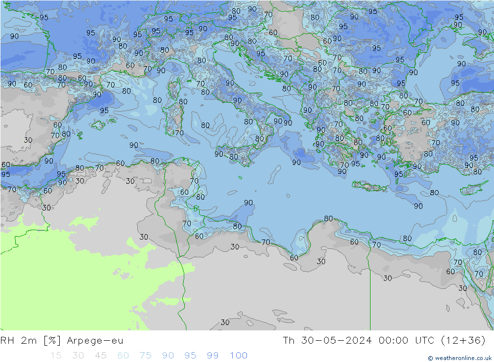 Humedad rel. 2m Arpege-eu jue 30.05.2024 00 UTC