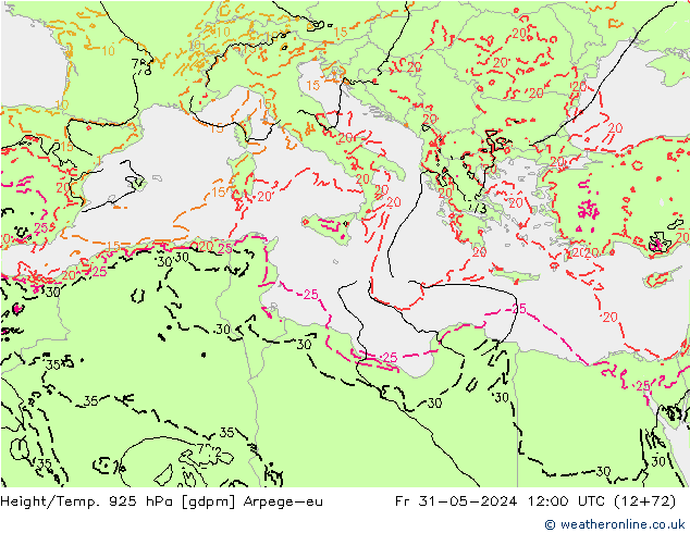 Geop./Temp. 925 hPa Arpege-eu vie 31.05.2024 12 UTC