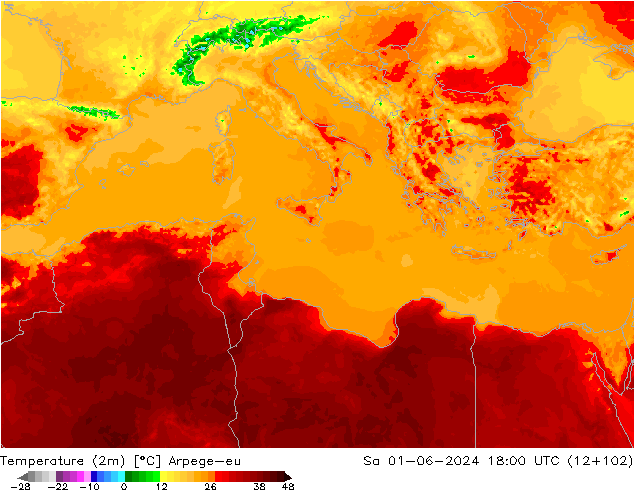 Temperaturkarte (2m) Arpege-eu Sa 01.06.2024 18 UTC
