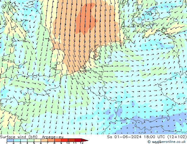 Viento 10 m (bft) Arpege-eu sáb 01.06.2024 18 UTC