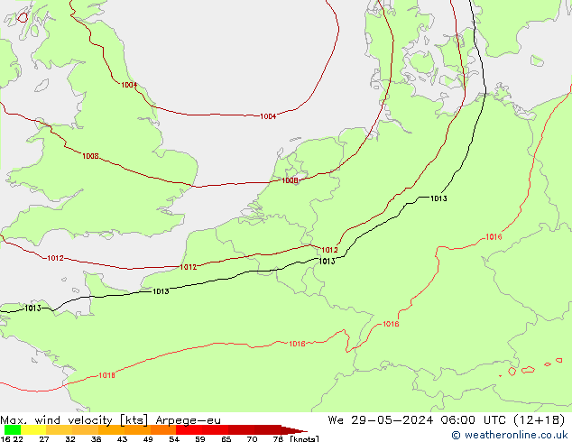 Max. wind velocity Arpege-eu  29.05.2024 06 UTC