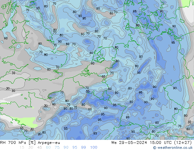 Humedad rel. 700hPa Arpege-eu mié 29.05.2024 15 UTC