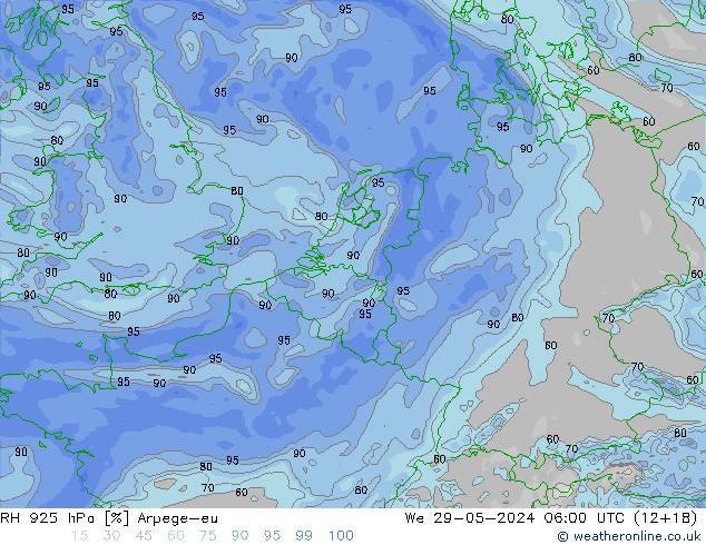 RH 925 hPa Arpege-eu Mi 29.05.2024 06 UTC