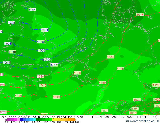 Espesor 850-1000 hPa Arpege-eu mar 28.05.2024 21 UTC