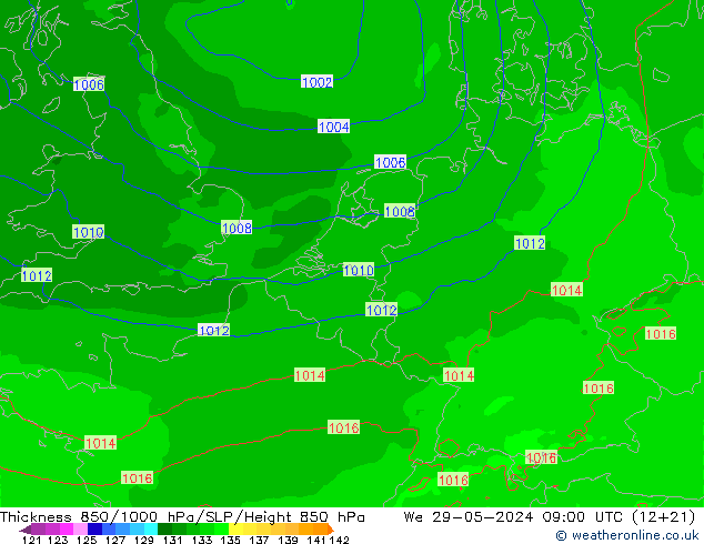 Thck 850-1000 hPa Arpege-eu We 29.05.2024 09 UTC