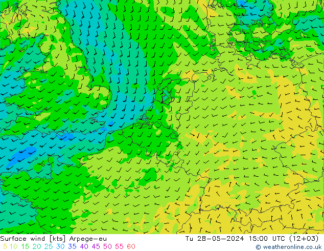 Surface wind Arpege-eu Út 28.05.2024 15 UTC