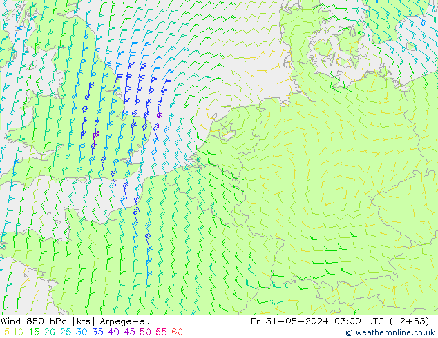 wiatr 850 hPa Arpege-eu pt. 31.05.2024 03 UTC