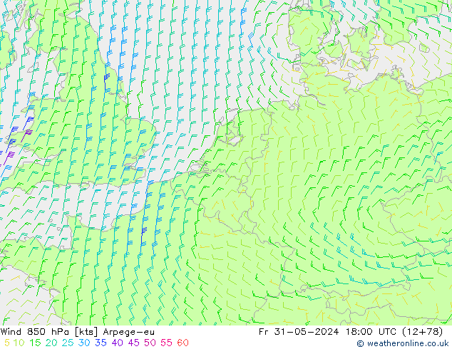 Vento 850 hPa Arpege-eu Sex 31.05.2024 18 UTC