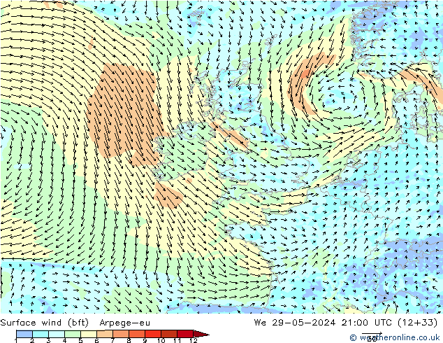 Wind 10 m (bft) Arpege-eu wo 29.05.2024 21 UTC