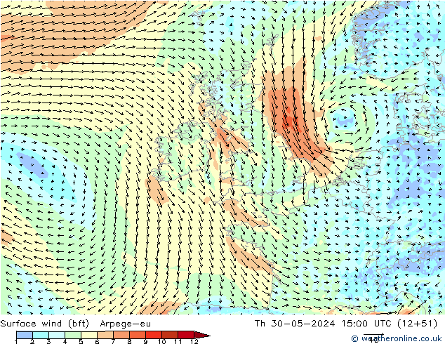 Wind 10 m (bft) Arpege-eu do 30.05.2024 15 UTC