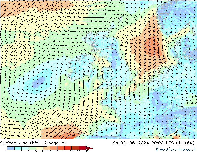 wiatr 10 m (bft) Arpege-eu so. 01.06.2024 00 UTC
