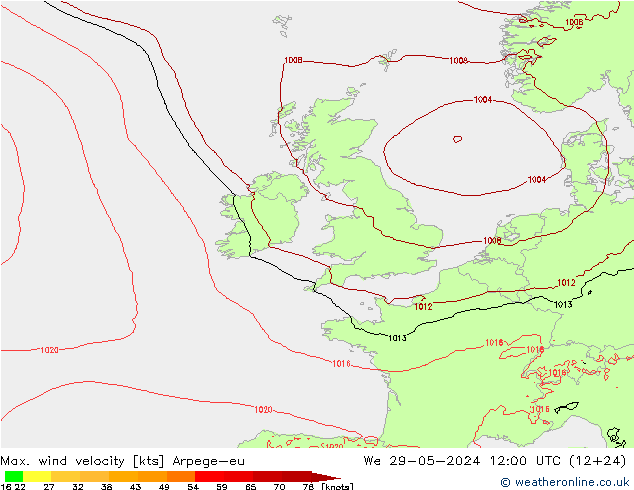 Max. wind snelheid Arpege-eu wo 29.05.2024 12 UTC