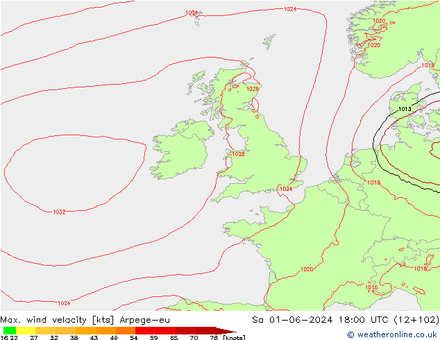 Max. wind snelheid Arpege-eu za 01.06.2024 18 UTC