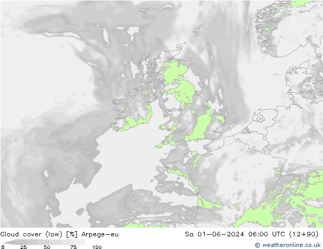 Cloud cover (low) Arpege-eu Sa 01.06.2024 06 UTC
