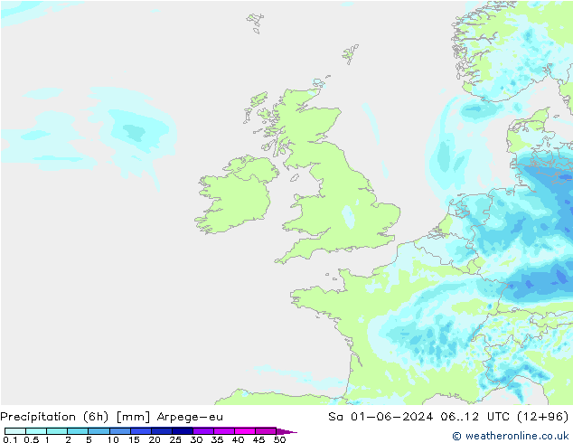 Precipitazione (6h) Arpege-eu sab 01.06.2024 12 UTC