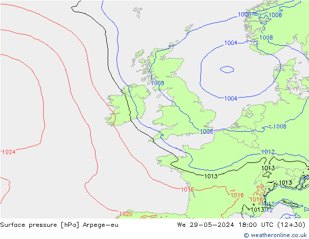 Pressione al suolo Arpege-eu mer 29.05.2024 18 UTC