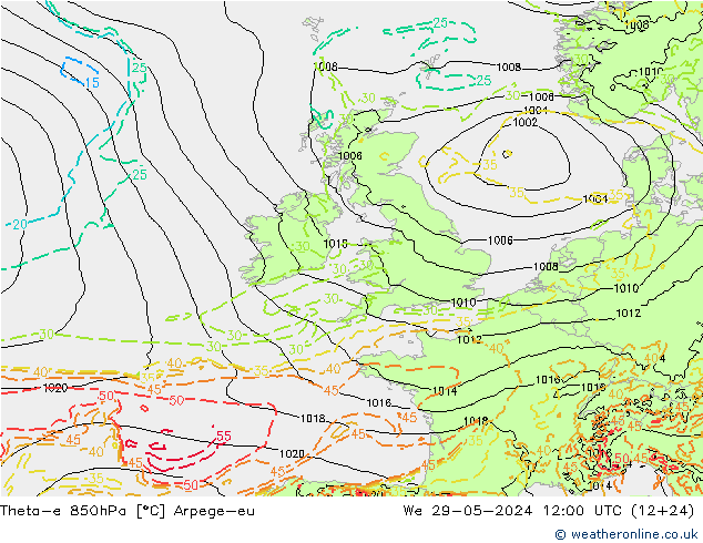 Theta-e 850hPa Arpege-eu mer 29.05.2024 12 UTC