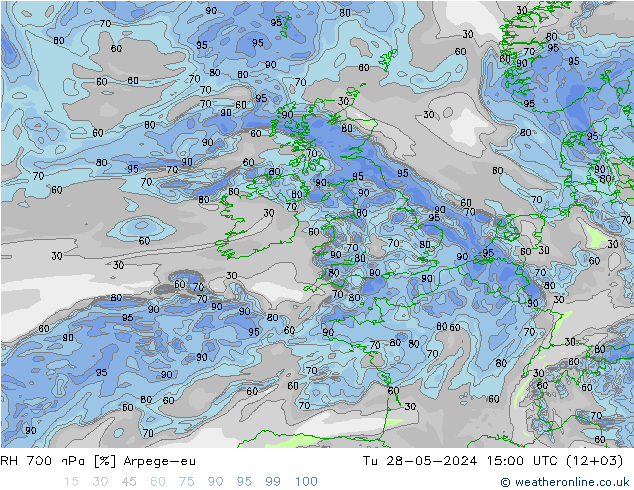 RH 700 hPa Arpege-eu Tu 28.05.2024 15 UTC