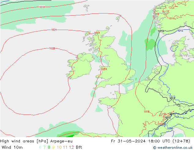 High wind areas Arpege-eu ven 31.05.2024 18 UTC