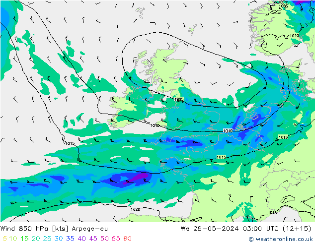 Wind 850 hPa Arpege-eu wo 29.05.2024 03 UTC