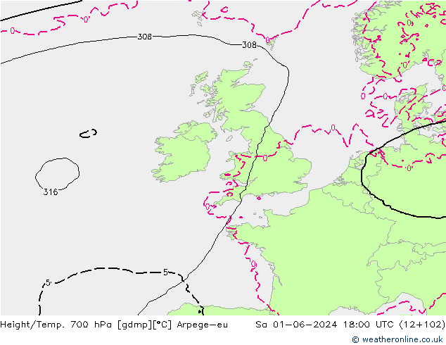 Géop./Temp. 700 hPa Arpege-eu sam 01.06.2024 18 UTC