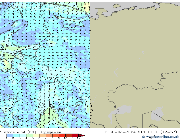 Vento 10 m (bft) Arpege-eu gio 30.05.2024 21 UTC