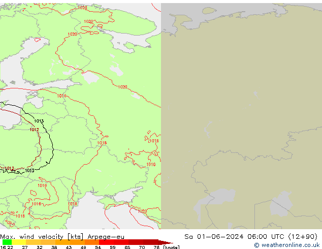 Max. wind velocity Arpege-eu Sa 01.06.2024 06 UTC