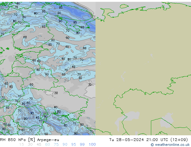 Humedad rel. 850hPa Arpege-eu mar 28.05.2024 21 UTC