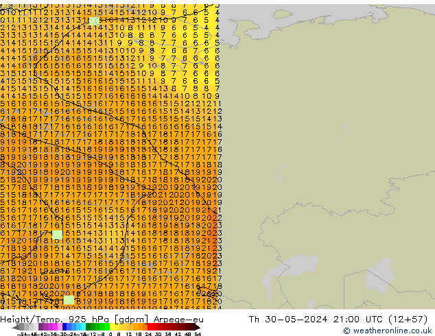Height/Temp. 925 hPa Arpege-eu gio 30.05.2024 21 UTC