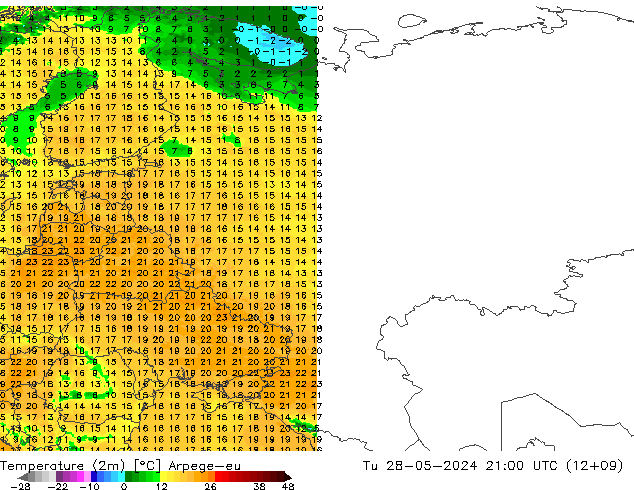 Temperature (2m) Arpege-eu Tu 28.05.2024 21 UTC