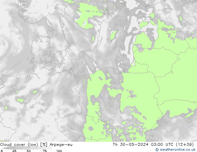 Cloud cover (low) Arpege-eu Th 30.05.2024 03 UTC