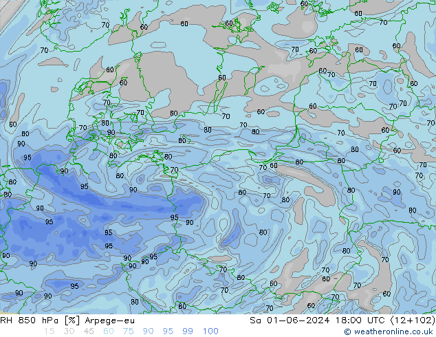 RH 850 hPa Arpege-eu so. 01.06.2024 18 UTC