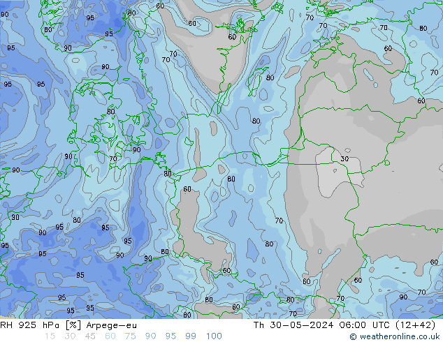 Humidité rel. 925 hPa Arpege-eu jeu 30.05.2024 06 UTC