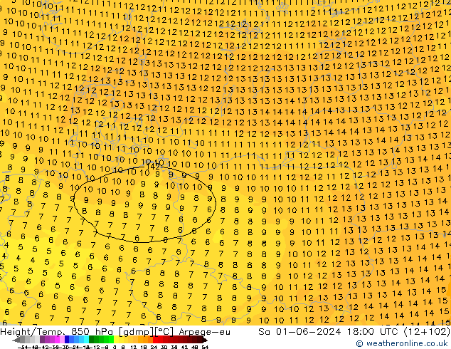 Height/Temp. 850 гПа Arpege-eu сб 01.06.2024 18 UTC