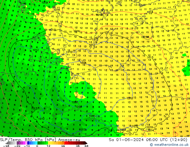 SLP/Temp. 850 hPa Arpege-eu So 01.06.2024 06 UTC