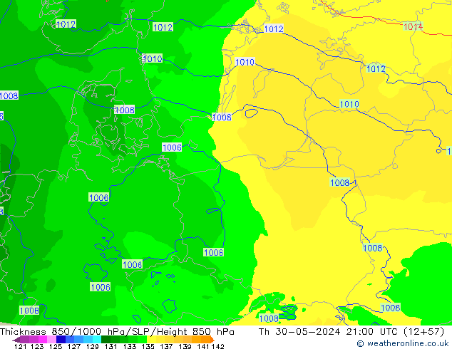 Thck 850-1000 hPa Arpege-eu  30.05.2024 21 UTC