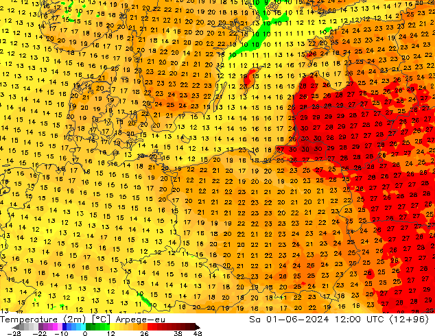 Temperatura (2m) Arpege-eu sáb 01.06.2024 12 UTC